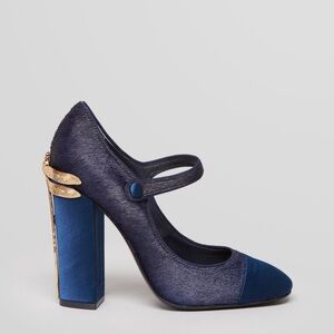 Tory Burch Navy Blue Calf Hair and Satin Dragon Fly Heel Mary Jane Pumps 8